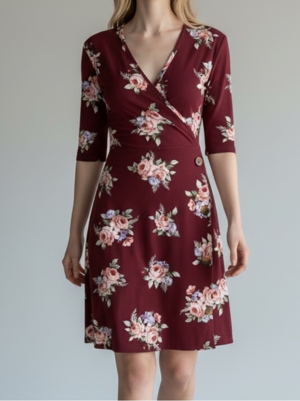 Ultra Flirt, Burgundy Floral Wrap Dress Size Large